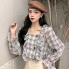 Ruffled Plaid Bell-sleeve Blouse As Shown In Figure - One Size