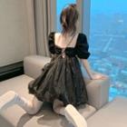 Puff-sleeve Lace Up Mini A-line Dress Black - One Size