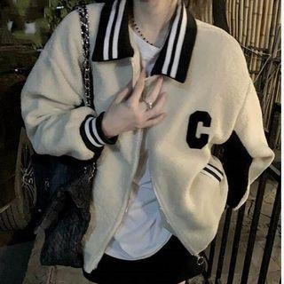 Lettering Collared Zip Cardigan