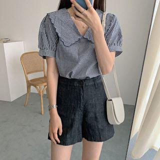 Gingham Short-sleeve Blouse / High-waist Denim Wide-leg Shorts