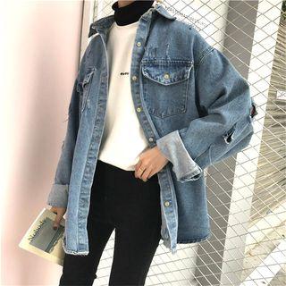 Plain Distressed Loose-fit Denim Jacket