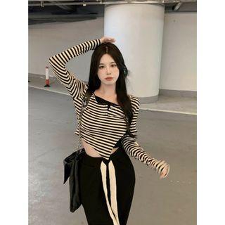 Long-sleeve Elbow-cutout Striped T-shirt Stripes - Black & White - One Size