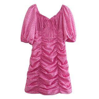 Short-sleeve Dotted Ruched Mini Bodycon Dress