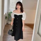 Plus Size Off-shoulder Two-tone Smock Dress / Midi Dress