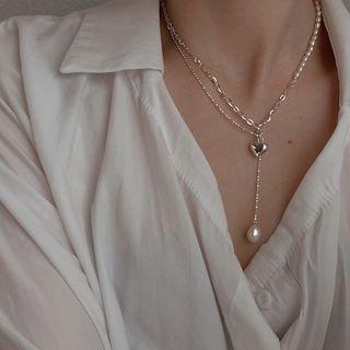 Faux Pearl Heart Pendant Alloy Y Necklace My31521 - Silver - One Size