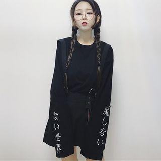 Long-sleeve Print T-shirt / Plaid Panel Jumper Skirt