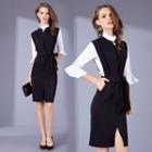 Set: Flared Elbow-sleeve Shirt + Sleeveless Dress