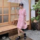 Floral V-neck Short-sleeve Dress Pink - One Size
