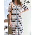 Color-block Button-front Dress Sky Blue - One Size