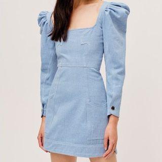 Square-neck Lantern-sleeve Denim Mini Sheath Dress