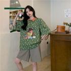 Elbow-sleeve Print Floral Polo Shirt / Wide Leg Shorts