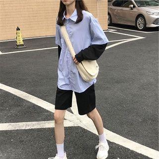Mock Two-piece Long-sleeve Shirt / Wide Leg Shorts