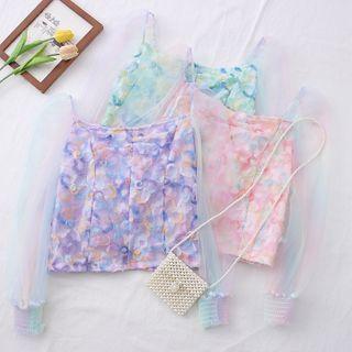 Zipper-back Flower-accent Mesh Crop Top