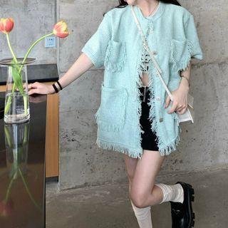 Short Sleeve Front Pocket Frayed Jacket
