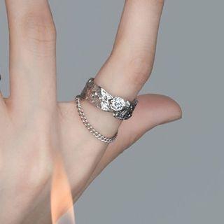 Rhinestone Chained Alloy Open Ring J2289 - Silver - One Size