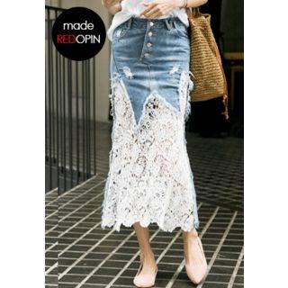 Lace-panel Denim Midi Skirt