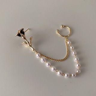 Flower Faux Pearl Layered Chain Cuff Earring Gold & White - One Size