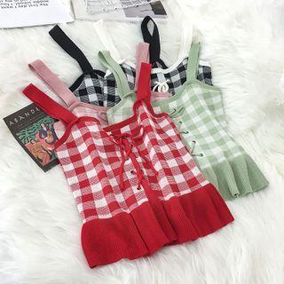 Lace-up Front Sleeveless Ruffle Plaid Knit Top