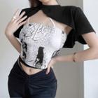 Set: Cropped T-shirt + Spaghetti Strap Print Top