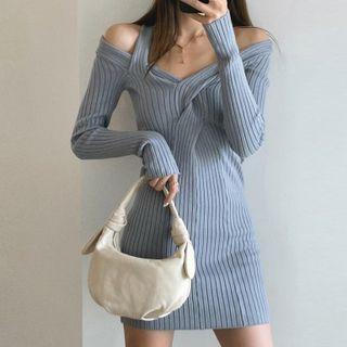 Long-sleeve Cold-shoulder Ribbed Knit Mini Sheath Dress