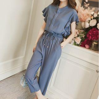 Set: Short-sleeve Chiffon Blouse + Cropped Pants