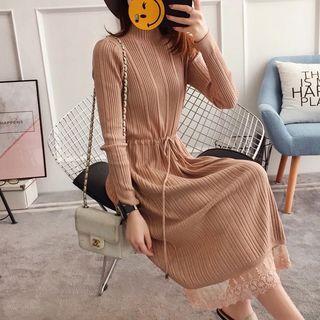 Mock-neck Lace Panel Long-sleeve Midi Knit Dress