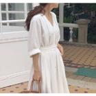 V-neck 3/4 Sleeve Midi Dress