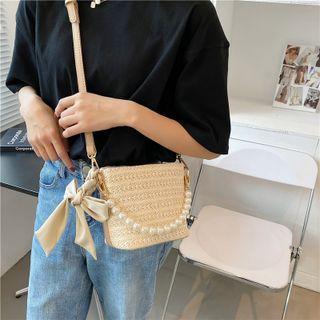 Faux Pearl Woven Bucket Bag