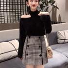 Mock Neck Cold-shoulder Sweater / Houndstooth Mini A-line Skirt