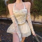 Set: Halter-neck Floral Top / High-waist Mesh Skirt