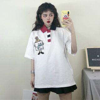 Cartoon Print Elbow-sleeve Polo Shirt White - One Size