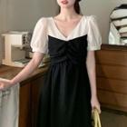 Puff-sleeve V-neck Color Block Panel A-line Dress