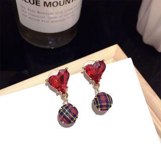 Faux Crystal Heart Plaid Disc Dangle Earring 1 Pair - Steel Earrings - Red - One Size