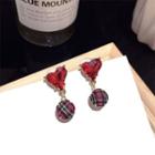 Faux Crystal Heart Plaid Disc Dangle Earring 1 Pair - Steel Earrings - Red - One Size