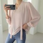Tie-neck Pleated Sheer Blouse