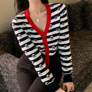 Graphic Print Striped V-neck Cardigan Stripes - Black & White - One Size