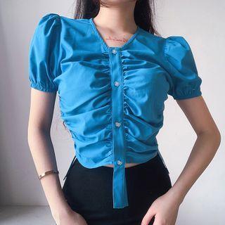 Plain Puff-sleeve Frilled Blouse