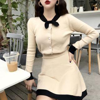 Set: Bow Knit Top + A-line Skirt Set - Almond - One Size