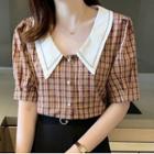 Short-sleeve Contrast Collar Plaid Blouse
