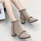 Suede Frill Trim Block Heel Ankle Boots