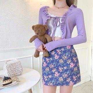 Lace Camisole Top / Ruffle Light Jacket / Flower Printed Skirt