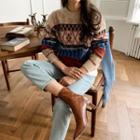 Drop-shoulder Nordic Pattern Sweater Beige - One Size