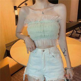 Ruched Frilled Trim Strapless Cropped Top