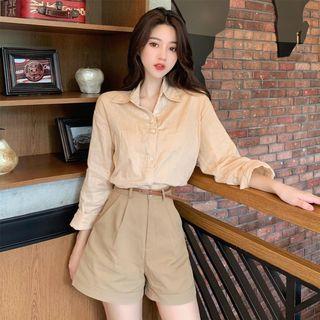 Plain Long-sleeve Shirt / High Waist Wide Leg Shorts With Belt