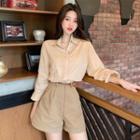 Plain Long-sleeve Shirt / High Waist Wide Leg Shorts With Belt