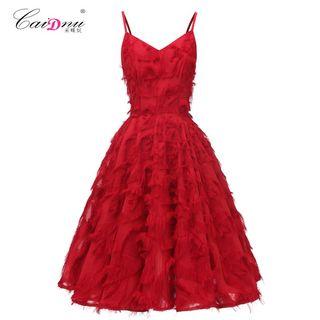 Spaghetti Strap Fringed Midi Prom Dress