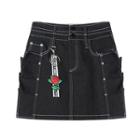 Contrast Stitching Denim Skirt With Rose Embroidered Ribbon