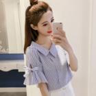 Short-sleeve Bow Striped Blouse