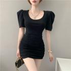 Cutout-back Shirred Mini Bodycon Dress Black - One Size