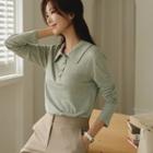 Long-sleeve Slit-side Linen Polo Shirt